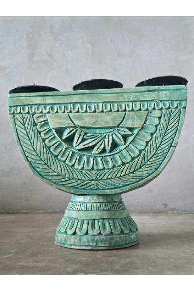 Rustic Carved Wood Candle Stand - Half Moon (Teal)